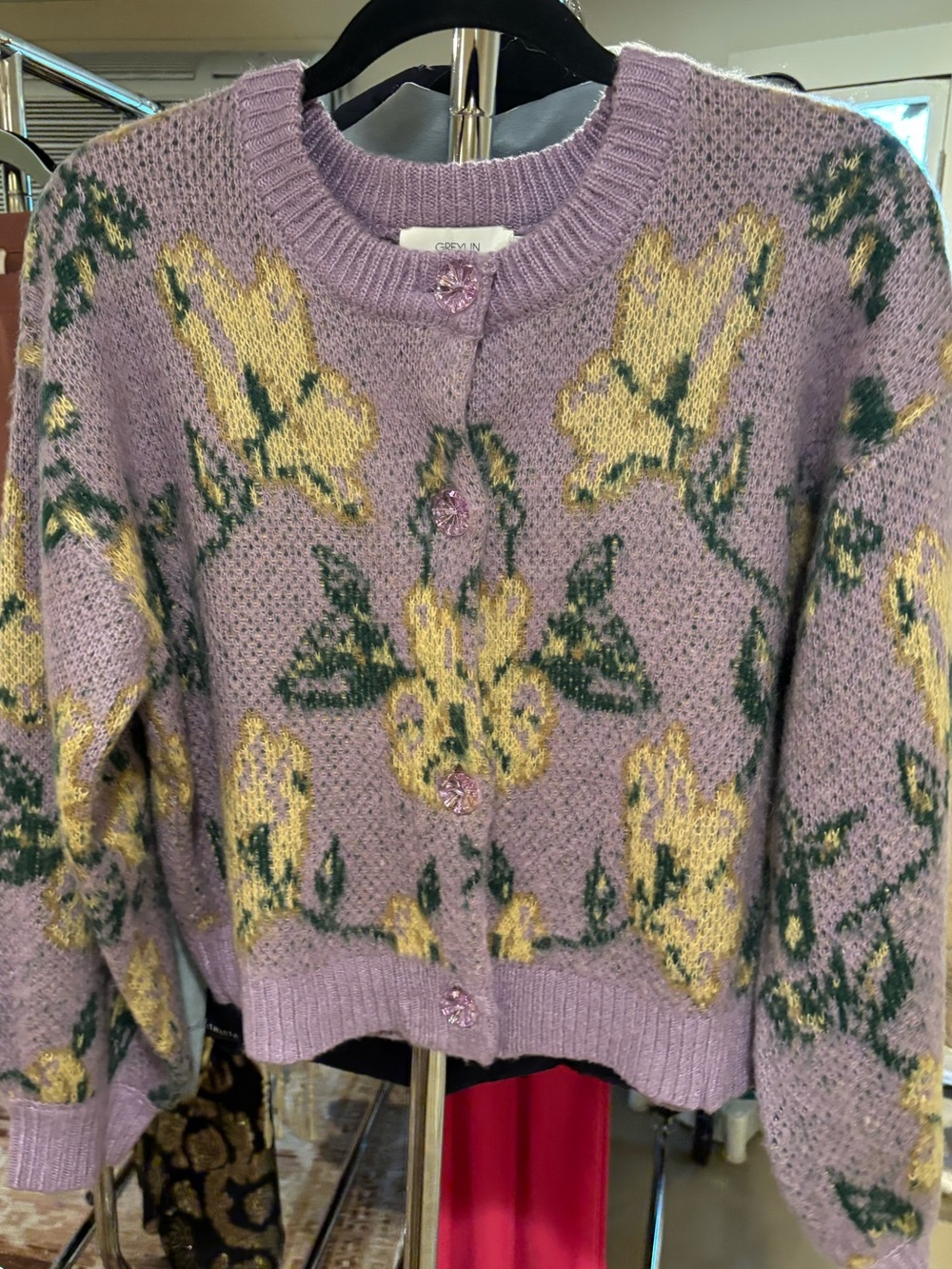 Greylin Lilac Floral Button-Front Cardigan with Yellow & Green Accents